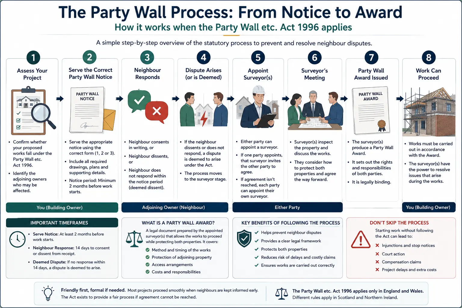 Do I Need a Party Wall Agreement? An infographic showing the party wall process from notice to award in a very interactive way for the citizens living in Peterborough, UK