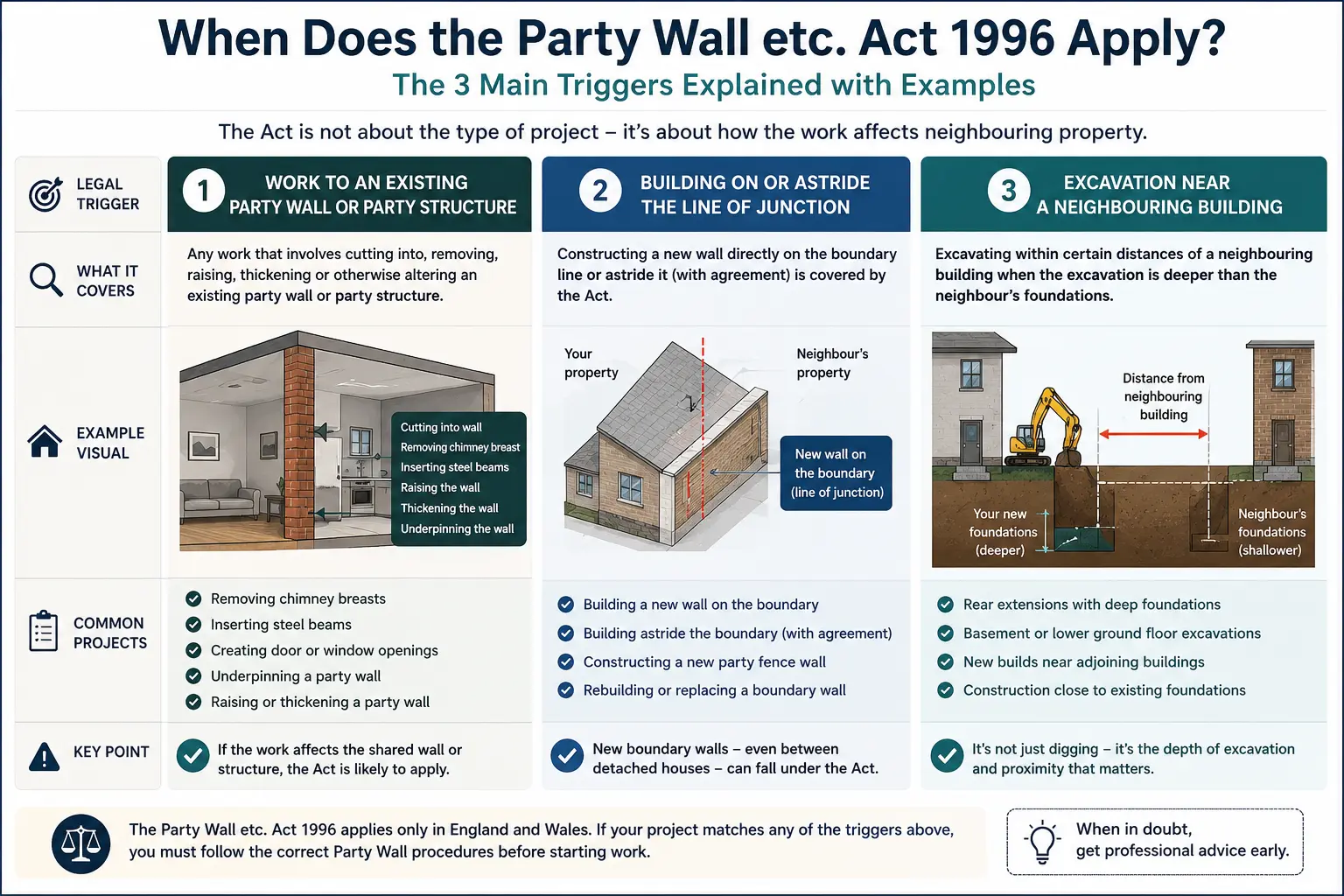 Do I Need a Party Wall Agreement? An infographic showing when does the party wall etc act 1996 apply like excavation, junction, painting, in Peterborough, UK